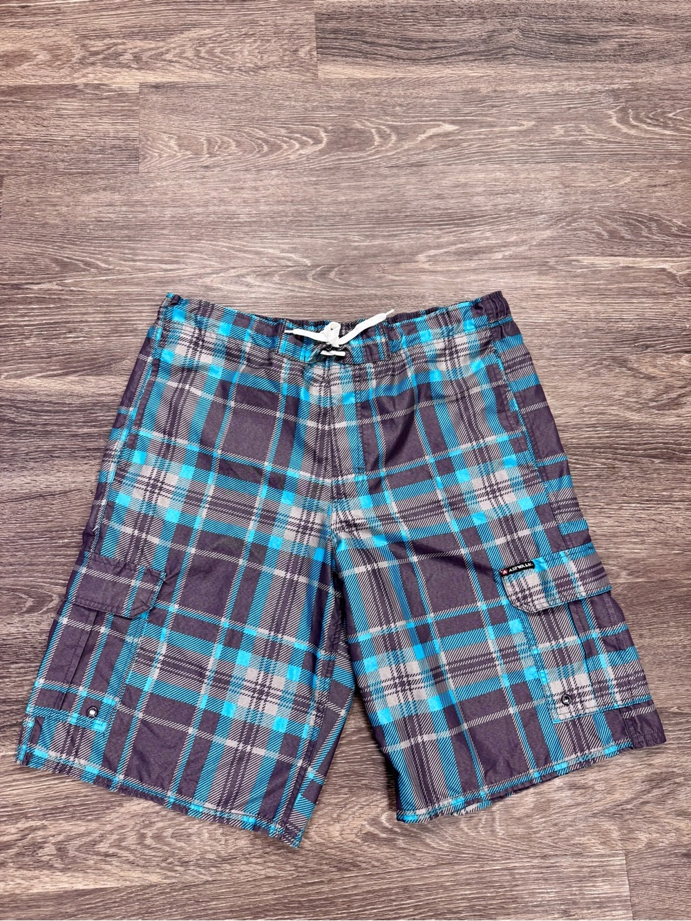 Vintage Airwalk Plaid Board Shorts Mens L Blue Gray Cargo Swim Trunks Y2K
